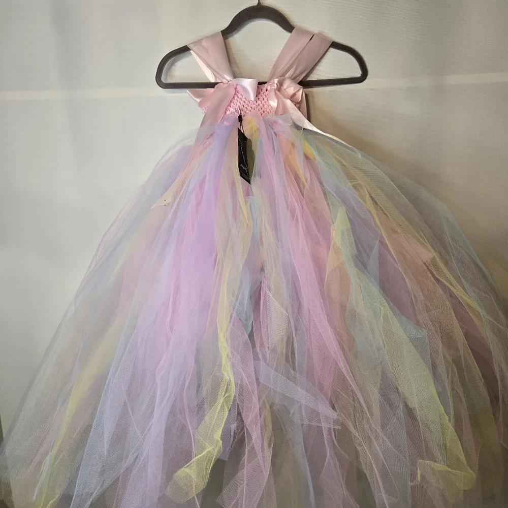 ANGEL TUTU Girls Pastel Floral Tulle Dress With Satin Flower Embellishments
